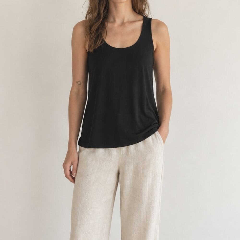 Eileen Fisher Black Scoop Neck Tank Top Women’s L Large Tencel Stretch NWT $88